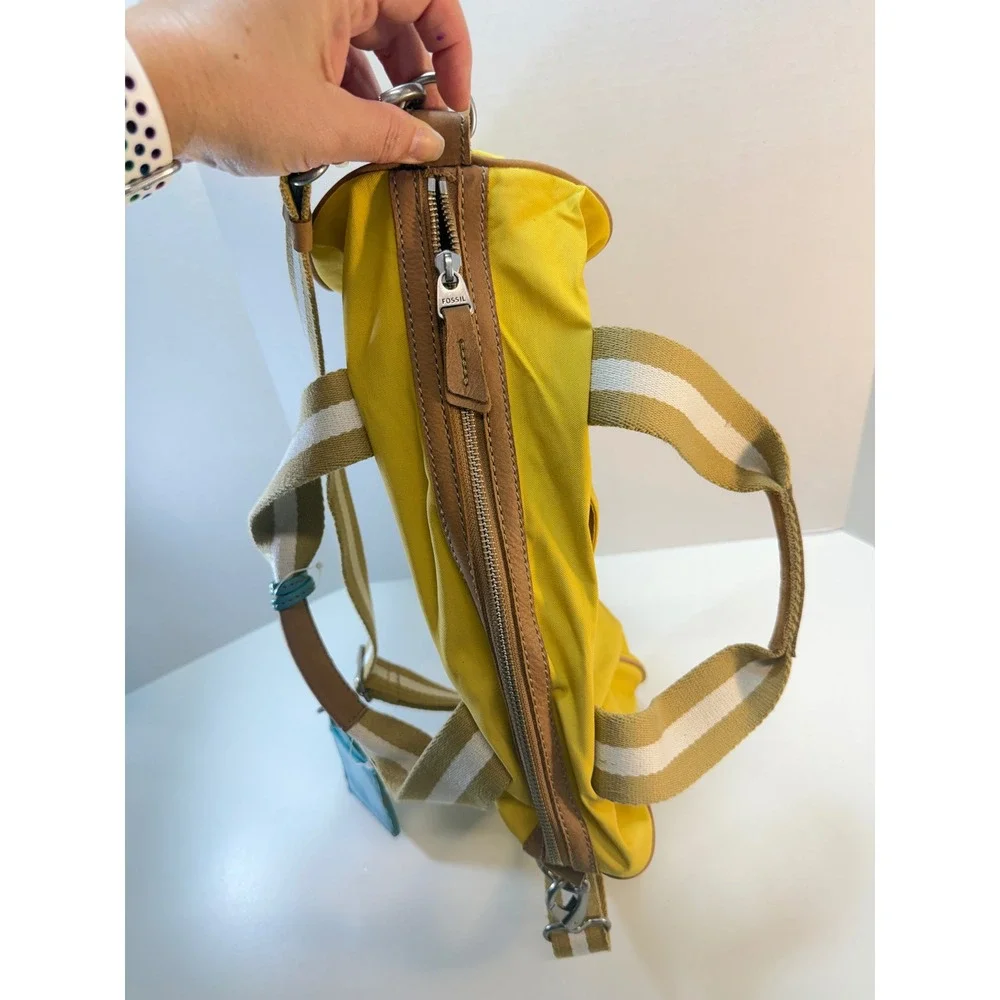 Fossil Key Per Duffle Satchel Yellow Nylon Leather Trim Crossbody Bag